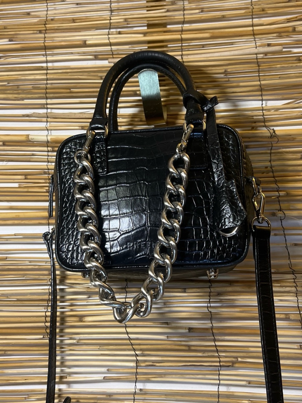Black Croc-Embossed Chain Handle Crossbody Bag